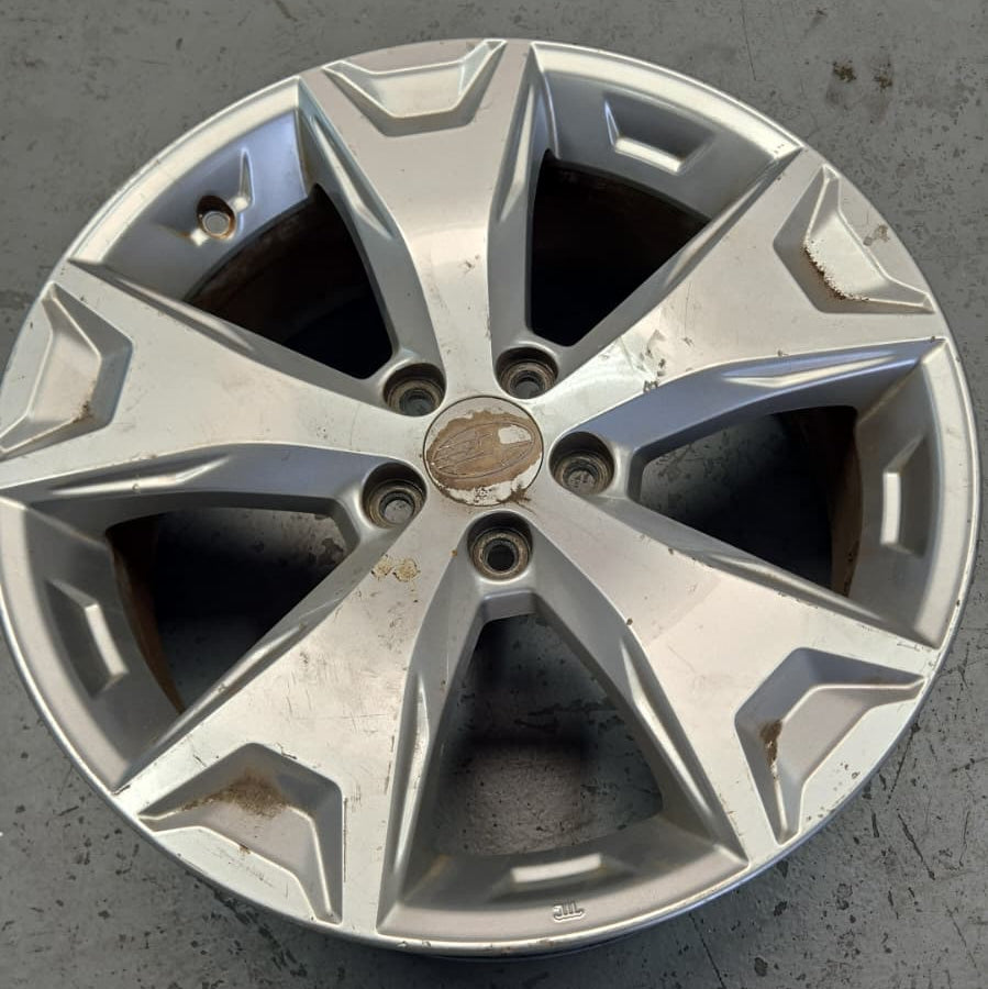 A silver metallic multi-spoke car wheel rim photographed from above on a gray concrete floor.