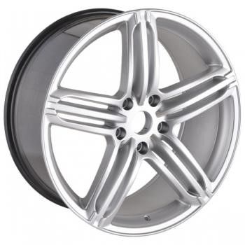 A polished silver multi-spoke alloy wheel rim shown at a three-quarter angle against a plain white background.
