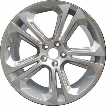 A silver metallic alloy car wheel rim with a multi-spoke design, shown against a plain white background.