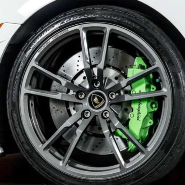 Close-up of a car wheel featuring a silver multi-spoke alloy rim, a black tire, a silver drilled brake disc, and a bright green Lamborghini brake caliper with the brand name visible.