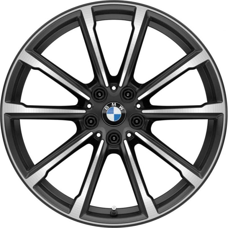A close-up studio shot of a multi-spoke alloy wheel rim with a dark gray and silver finish, featuring the BMW logo in the center on a white background.