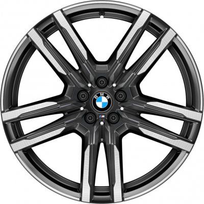 A multi-spoke BMW alloy wheel rim with a dark gray and silver finish, featuring the BMW logo in the center, shown on a plain white background.